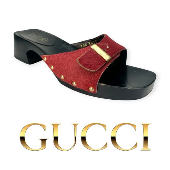 GUCCI | 5.5 | Red Ponyhair Gold Buckle Studded Wood Block Heel Slide Sandals - Picture 2 of 12